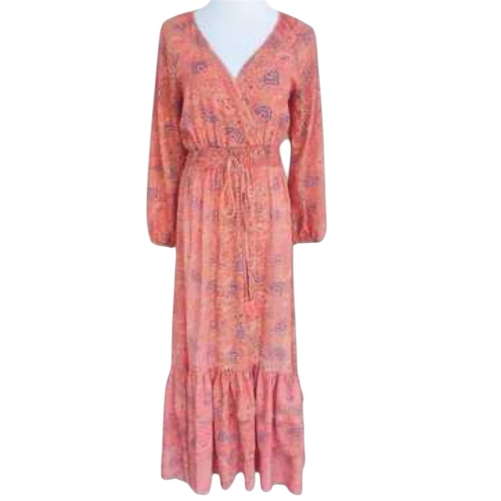 Boemo Anthropologie Coral Pink Tiered Maxi Dress Long Sleeve Boho Size S